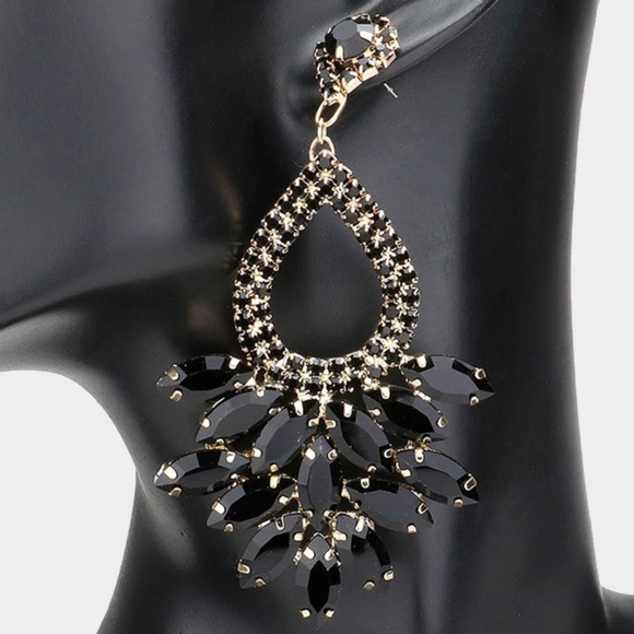 Jet Black Marquise Cluster Rhinestone Crystal Dangle Earrings Statement Jewelry - Picture 4 of 4